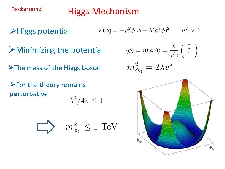 Background Higgs Mechanism ØHiggs potential ØMinimizing the potential ØThe mass of the Higgs boson