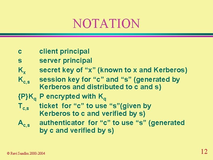 NOTATION c s Kx Kc, s client principal server principal secret key of “x”