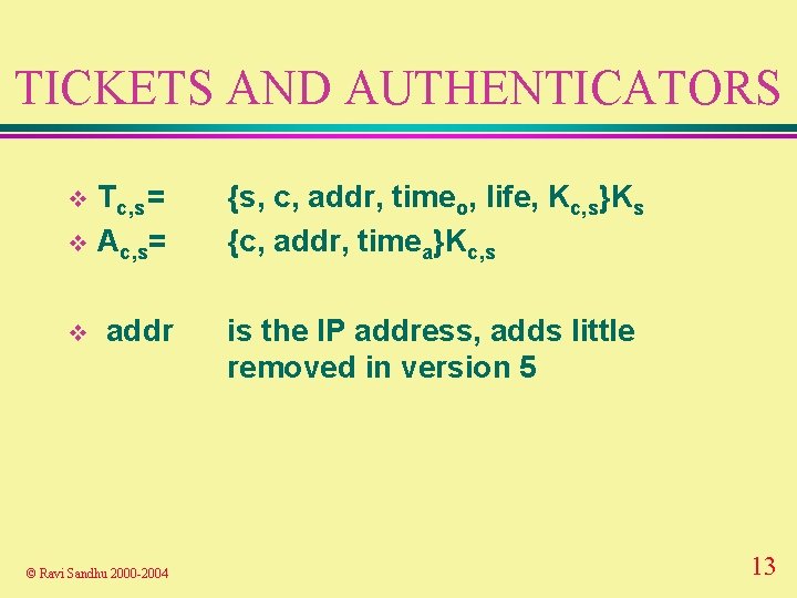 TICKETS AND AUTHENTICATORS Tc, s = v Ac, s= v v addr © Ravi