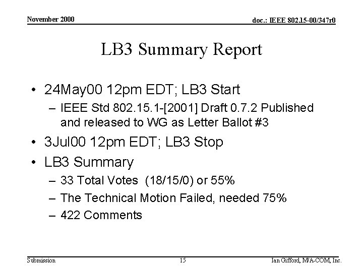 November 2000 doc. : IEEE 802. 15 -00/347 r 0 LB 3 Summary Report