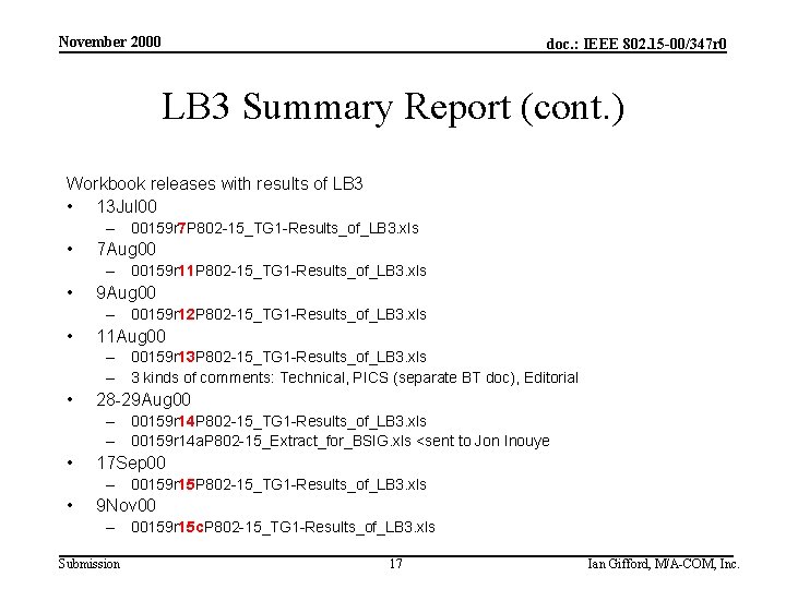 November 2000 doc. : IEEE 802. 15 -00/347 r 0 LB 3 Summary Report