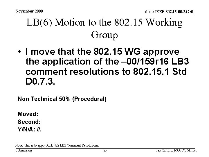 November 2000 doc. : IEEE 802. 15 -00/347 r 0 LB(6) Motion to the