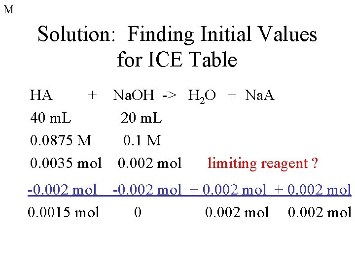 M Solution: Finding Initial Values for ICE Table HA + Na. OH -> H