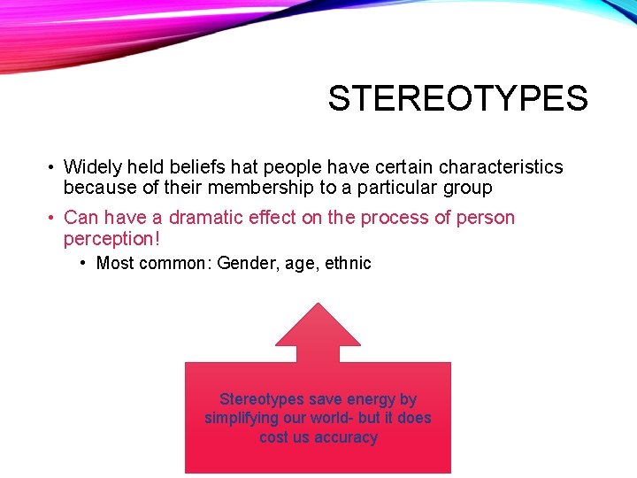 STEREOTYPES • Widely held beliefs hat people have certain characteristics because of their membership