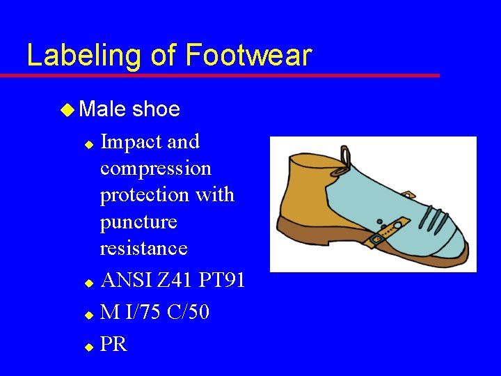 Labeling of Footwear u Male shoe u Impact and compression protection with puncture resistance