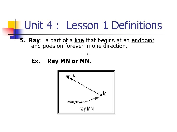 Unit 4 : Lesson 1 Definitions 5. Ray: a part of a line that