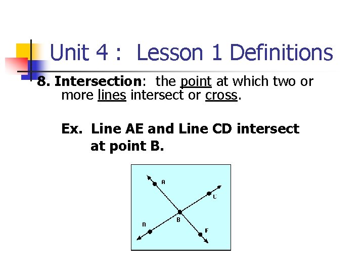 Unit 4 : Lesson 1 Definitions 8. Intersection: the point at which two or