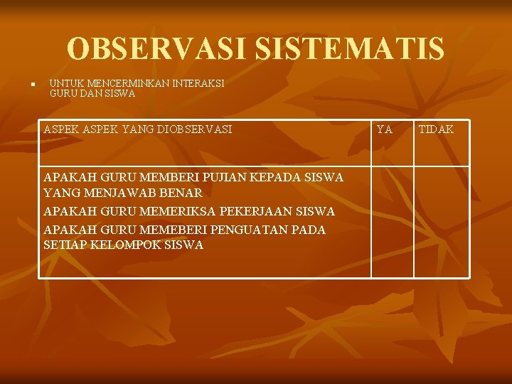 OBSERVASI SISTEMATIS n UNTUK MENCERMINKAN INTERAKSI GURU DAN SISWA ASPEK YANG DIOBSERVASI APAKAH GURU