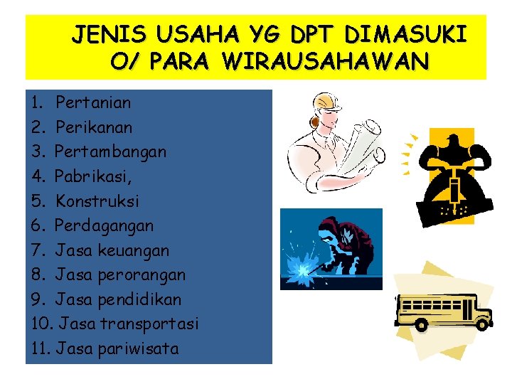 JENIS USAHA YG DPT DIMASUKI O/ PARA WIRAUSAHAWAN 1. Pertanian 2. Perikanan 3. Pertambangan