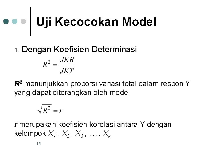 Uji Kecocokan Model 1. Dengan Koefisien Determinasi R 2 menunjukkan proporsi variasi total dalam