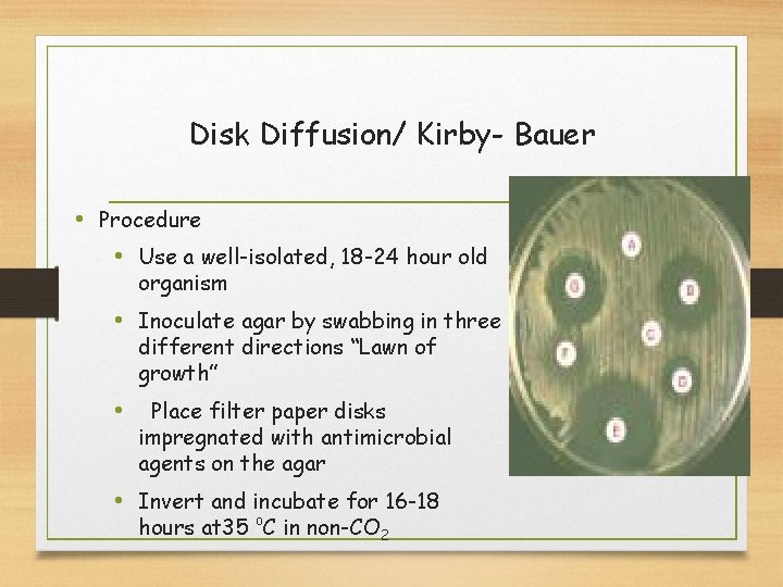 Disk Diffusion/ Kirby- Bauer • Procedure • Use a well-isolated, 18 -24 hour old