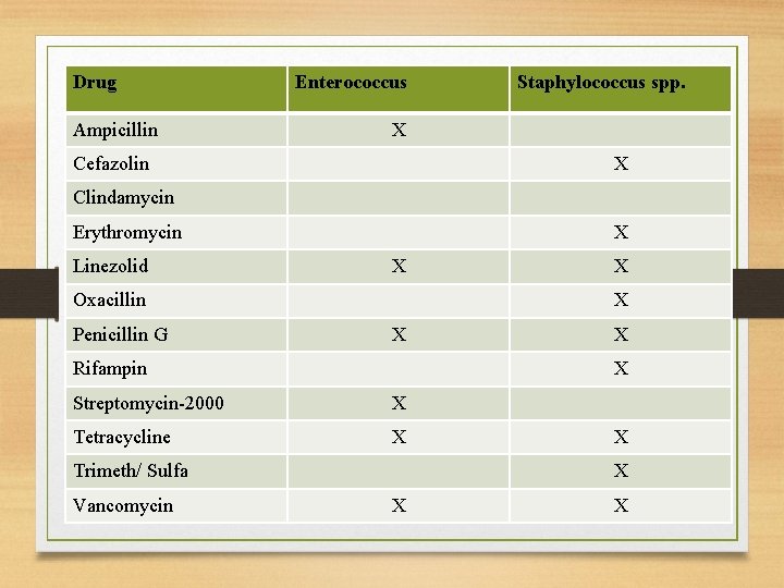Drug Ampicillin Enterococcus Staphylococcus spp. X Cefazolin X Clindamycin Erythromycin Linezolid X X Oxacillin