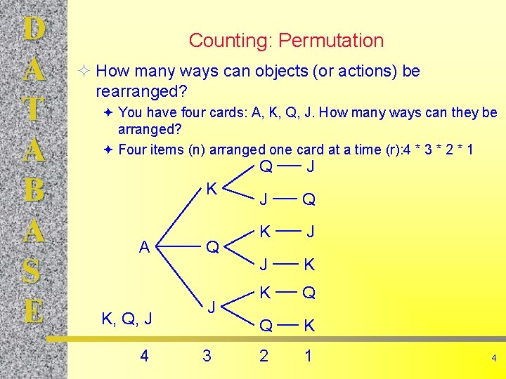 D A T A B A S E Counting: Permutation ² How many ways