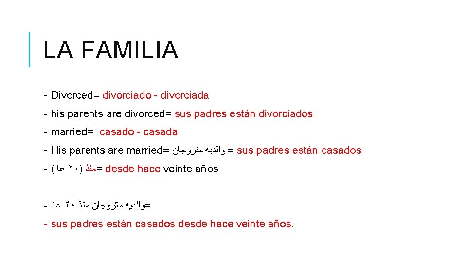 LA FAMILIA - Divorced= divorciado - divorciada - his parents are divorced= sus padres