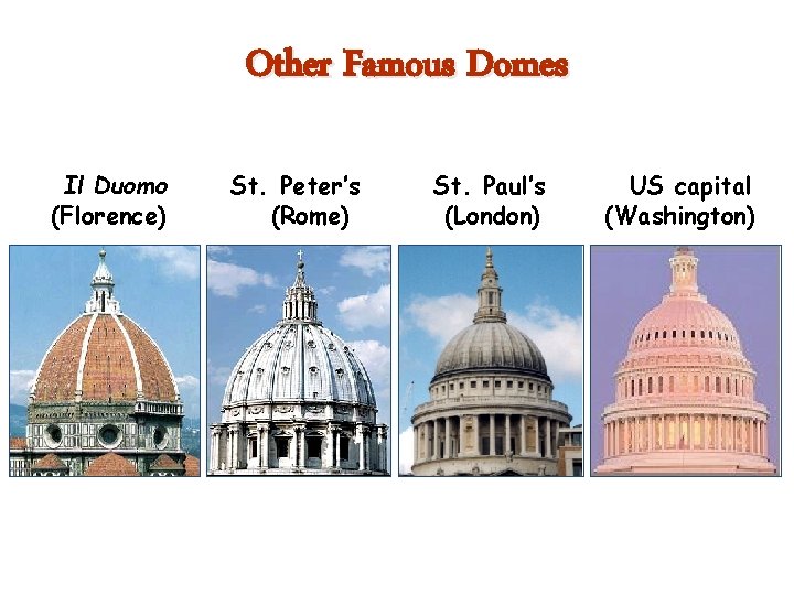 Other Famous Domes Il Duomo (Florence) St. Peter’s (Rome) St. Paul’s (London) US capital