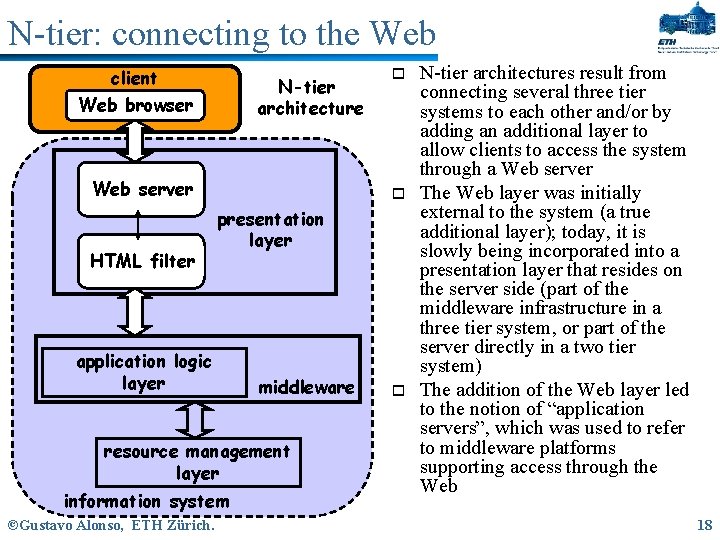 N-tier: connecting to the Web client N-tier architecture Web browser Web server HTML filter