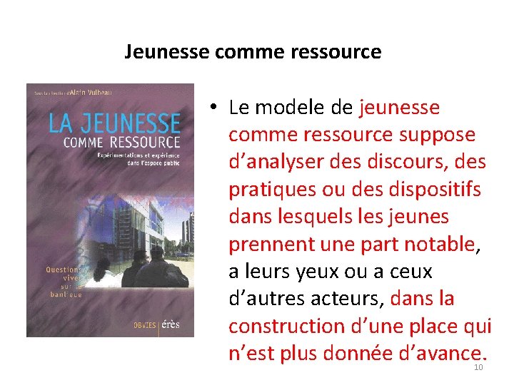 Jeunesse comme ressource • Le modele de jeunesse comme ressource suppose d’analyser des discours,