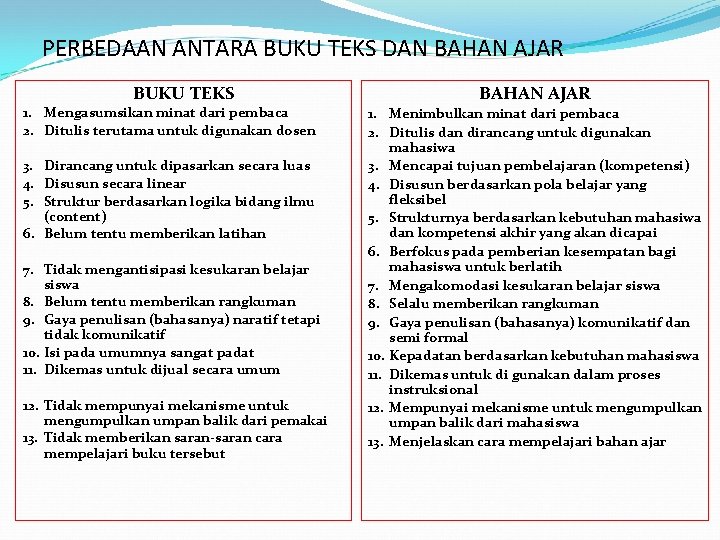 PERBEDAAN ANTARA BUKU TEKS DAN BAHAN AJAR BUKU TEKS 1. Mengasumsikan minat dari pembaca