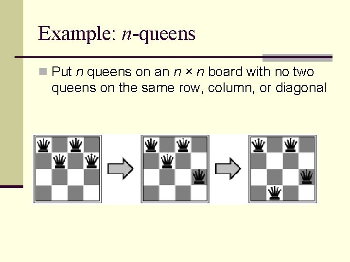 Example: n-queens n Put n queens on an n × n board with no Example: n-queens n Put n queens on an n × n board with no