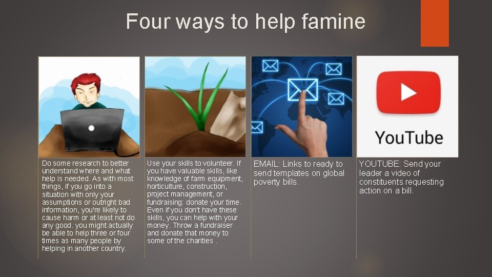 Four ways to help famine Do some research to better understand where and what