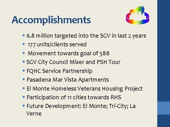 Accomplishments § 6. 8 million targeted into the SGV in last 2 years §