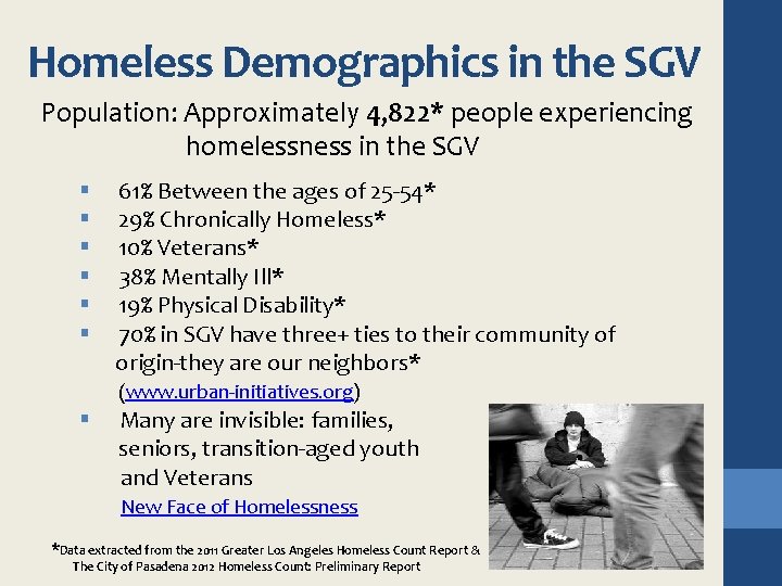 Homeless Demographics in the SGV Population: Approximately 4, 822* people experiencing homelessness in the
