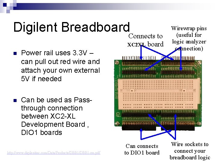 Digilent Breadboard. Connects to XC 2 XL Power rail uses 3. 3 V –