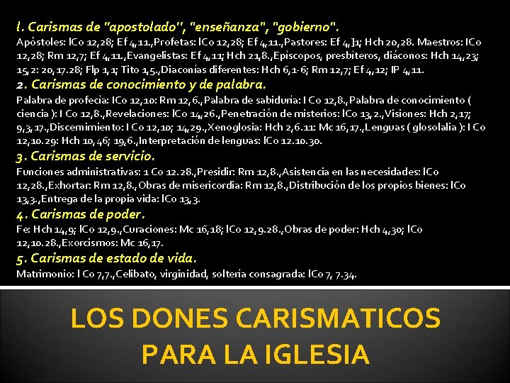 l. Carismas de ''apostolado'', "enseñanza", "gobierno". Apóstoles: l. Co 12, 28; Ef 4, 11.