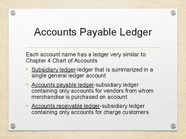 Accounts Payable Ledger Each account name has a ledger very similar to Chapter 4