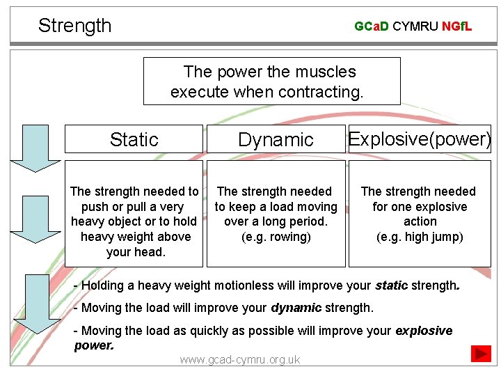 Strength GCa. D CYMRU NGf. L The power the muscles execute when contracting. Static