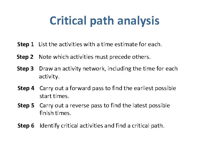 Critical path analysis Step 1 List the activities with a time estimate for each.