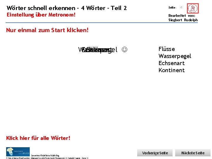 Übungsart: Wörter schnell erkennen – 4 Wörter – Teil 2 Seite: Einstellung über Metronom!