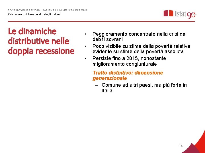 25 -26 NOVEMBRE 2016 | SAPIENZA UNIVERSITÀ DI ROMA Crisi economiche e redditi degli