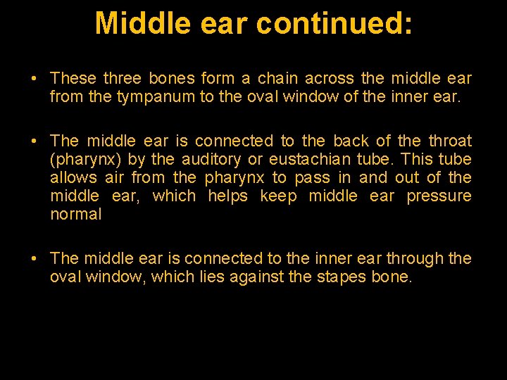 Middle ear continued: • These three bones form a chain across the middle ear