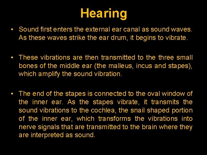 Hearing • Sound first enters the external ear canal as sound waves. As these