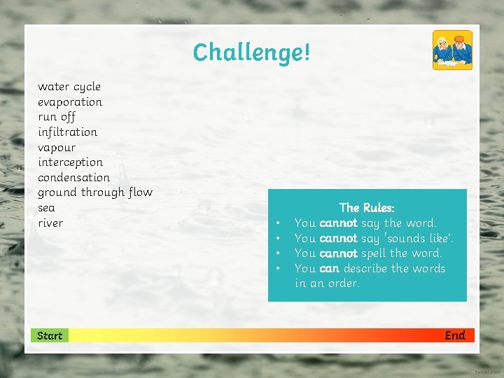 Challenge! water cycle evaporation run off infiltration vapour interception condensation ground through flow sea