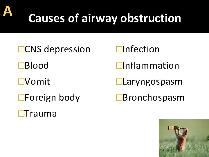 Α Causes of airway obstruction �CNS depression �Infection �Blood �Inflammation �Vomit �Laryngospasm �Foreign body