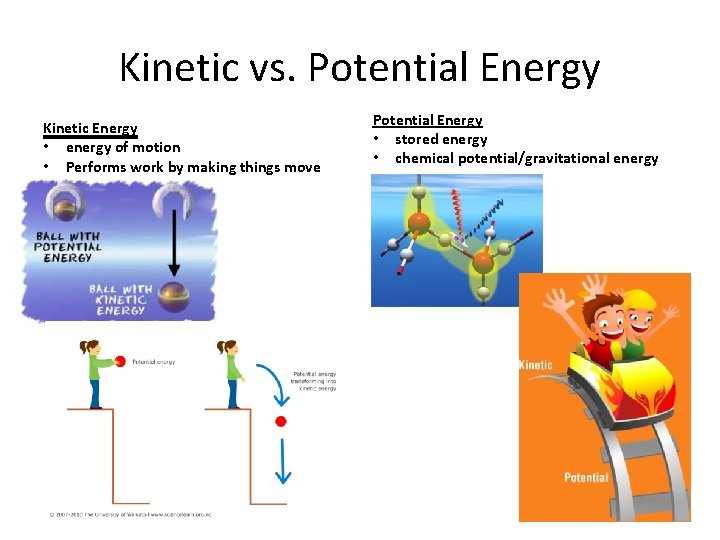 Kinetic vs. Potential Energy Kinetic Energy • energy of motion • Performs work by