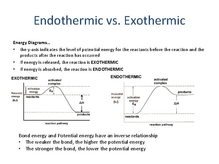 Endothermic vs. Exothermic Energy Diagrams… • the y-axis indicates the level of potential energy