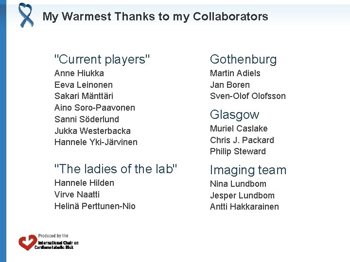 My Warmest Thanks to my Collaborators "Current players" Gothenburg Anne Hiukka Eeva Leinonen Sakari