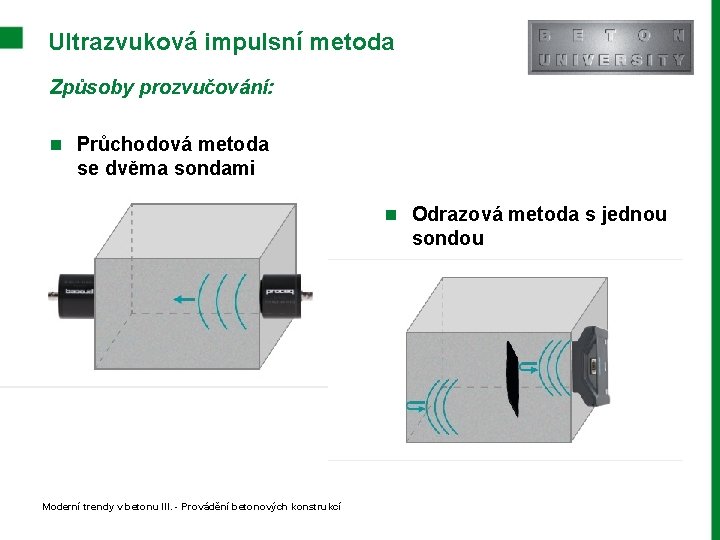 Ultrazvuková impulsní metoda Způsoby prozvučování: n Průchodová metoda se dvěma sondami n Odrazová metoda