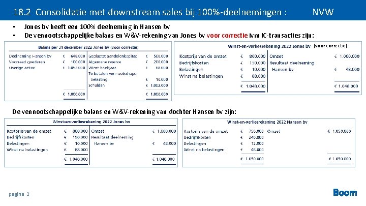 18. 2 Consolidatie met downstream sales bij 100%-deelnemingen : • • NVW Jones bv