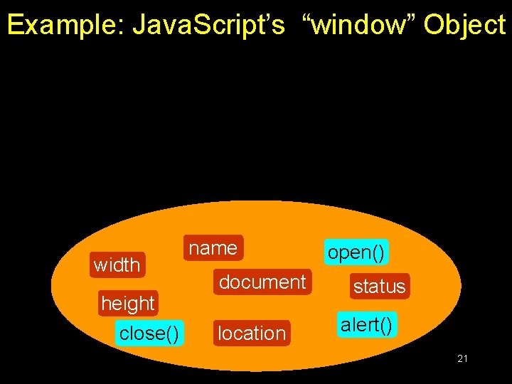 Example: Java. Script’s “window” Object width height close() name document location open() status alert() Example: Java. Script’s “window” Object width height close() name document location open() status alert()