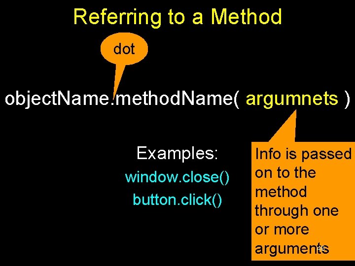 Referring to a Method dot object. Name. method. Name( argumnets ) Examples: window. close() Referring to a Method dot object. Name. method. Name( argumnets ) Examples: window. close()