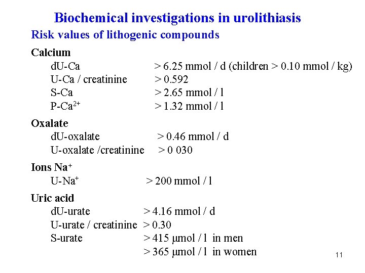 Biochemical investigations in urolithiasis Risk values of lithogenic compounds Calcium d. U-Ca / creatinine