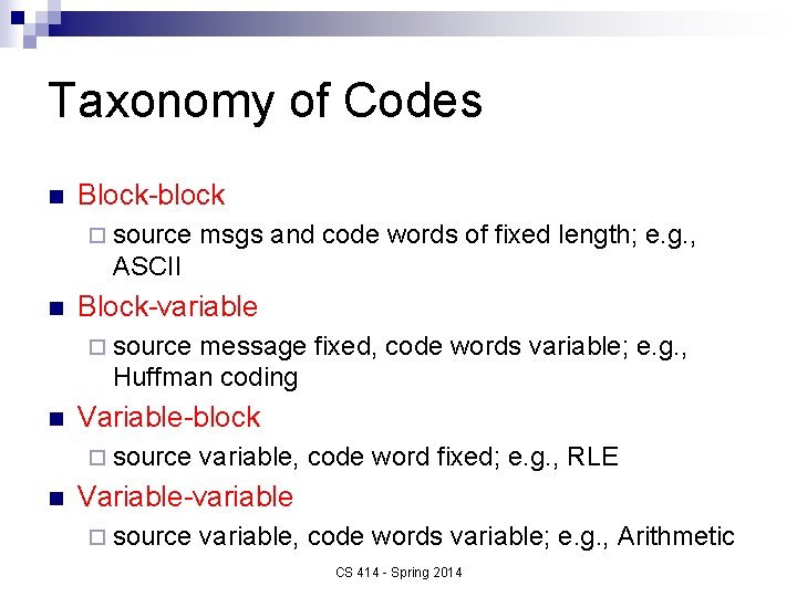 Taxonomy of Codes n Block-block ¨ source msgs and code words of fixed length;