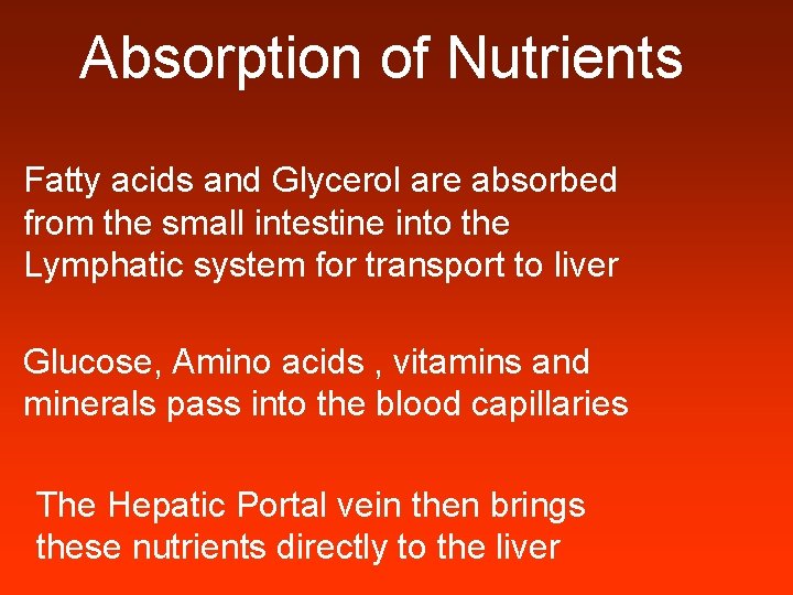Absorption of Nutrients Fatty acids and Glycerol are absorbed from the small intestine into