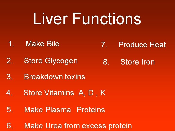Liver Functions 1. Make Bile 7. Produce Heat 2. Store Glycogen 8. Store Iron
