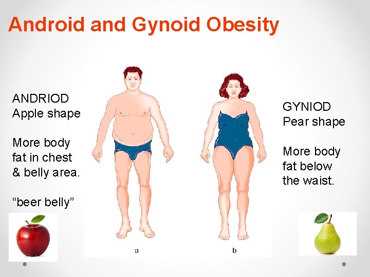 Android and Gynoid Obesity ANDRIOD Apple shape More body fat in chest & belly