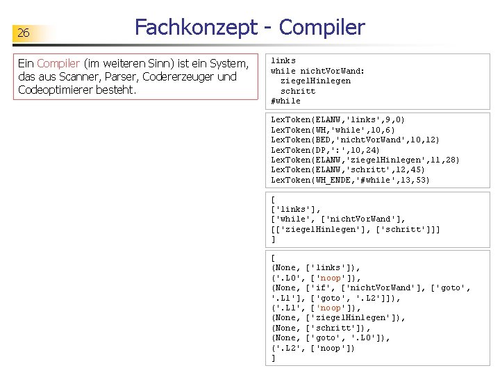 26 Fachkonzept - Compiler Ein Compiler (im weiteren Sinn) ist ein System, das aus